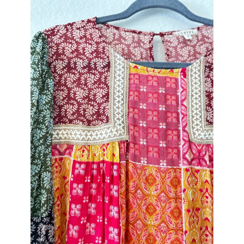 JODIFL Patchwork Floral Long Sleeve Blouse in Red, Yellow, Green, Black - Picture 2 of 7